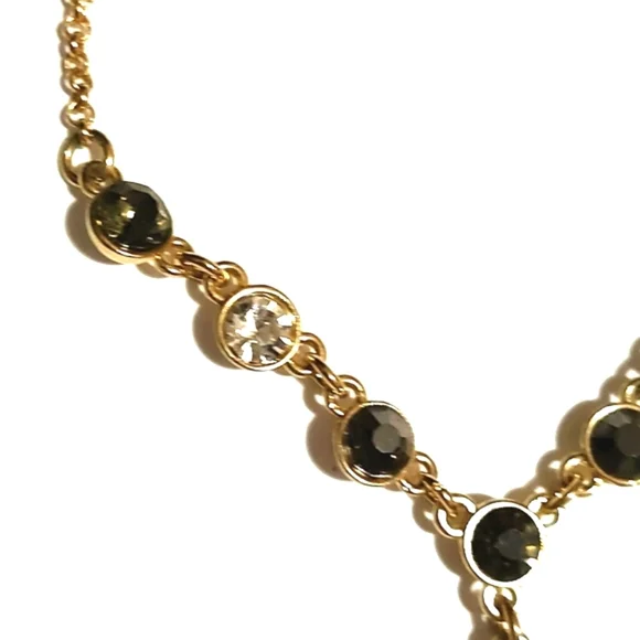 MONET VINTAGE GOLD-TONE DARK GRAY AND CLEAR RHINESTONE Y-SHAPED 15-18" NECKLACE - Picture 5 of 9
